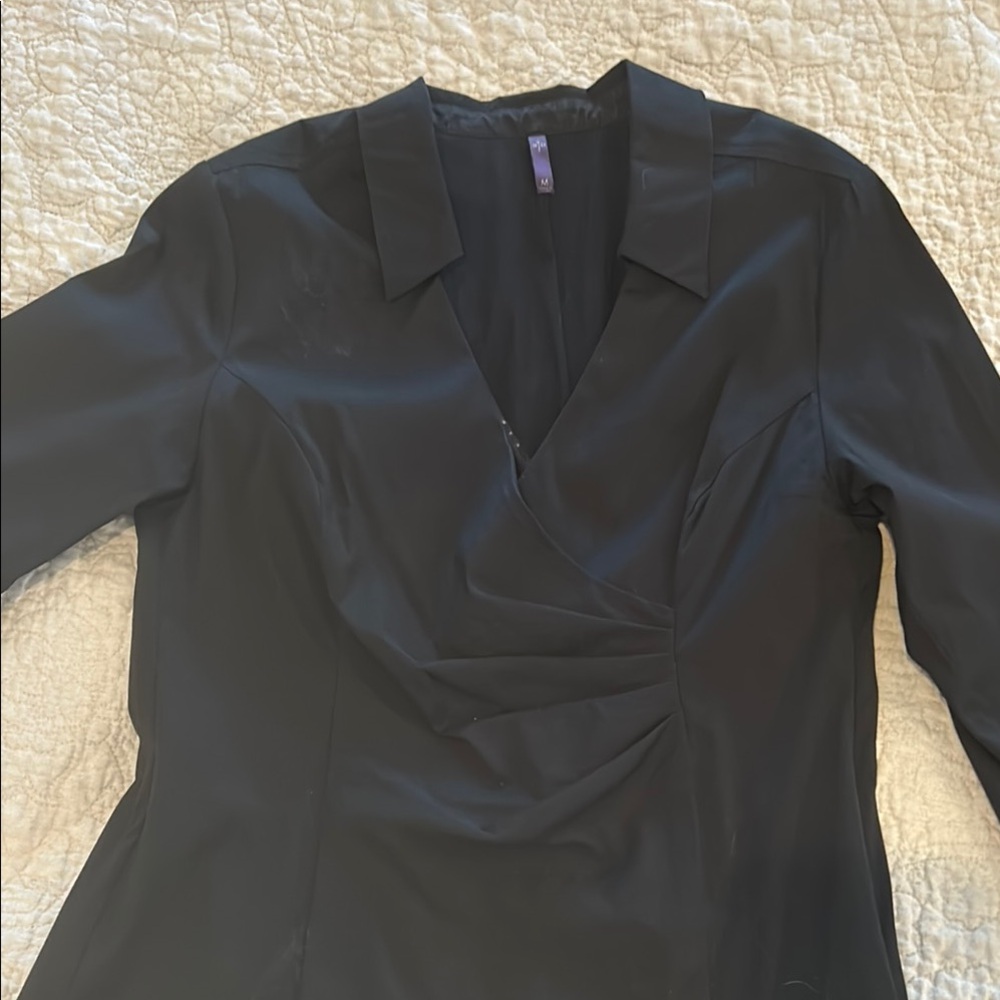 Fitted Black Wrap Blouse with 3/4 Sleeves and Notched Collar